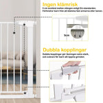 Illustration av barngrind med 5 cm spjälavstånd enligt EU-standard och dubbla låskopplingar för extra säkerhet.
