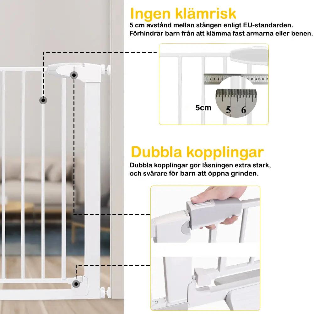 Illustration av barngrind med 5 cm spjälavstånd enligt EU-standard och dubbla låskopplingar för extra säkerhet.