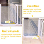 Illustration av barngrind med självstängande funktion under 90° och öppet läge över 90°, visad med exempel på båda positionerna.