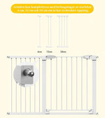 Illustration av barngrind med förlängningar på 6, 12 och 24 cm, som visar hur grinden kan anpassas för bredare dörröppningar.