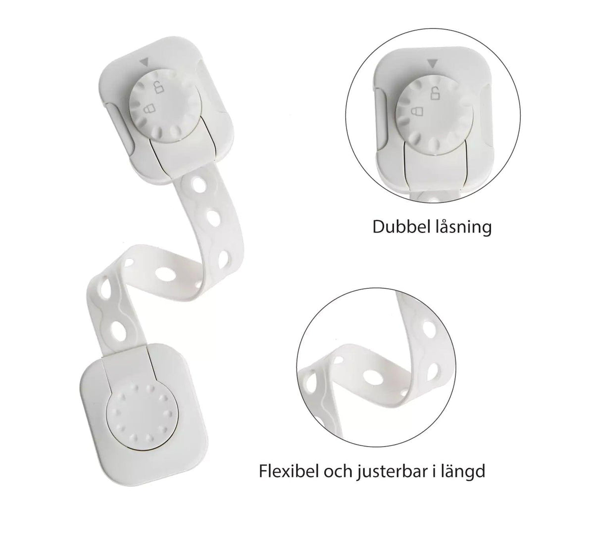 Vitt barnlås med dubbel låsfunktion och flexibel, justerbar rem för skåp och lådor.
