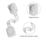 Vitt barnlås med dubbel låsfunktion och flexibel, justerbar rem för skåp och lådor.