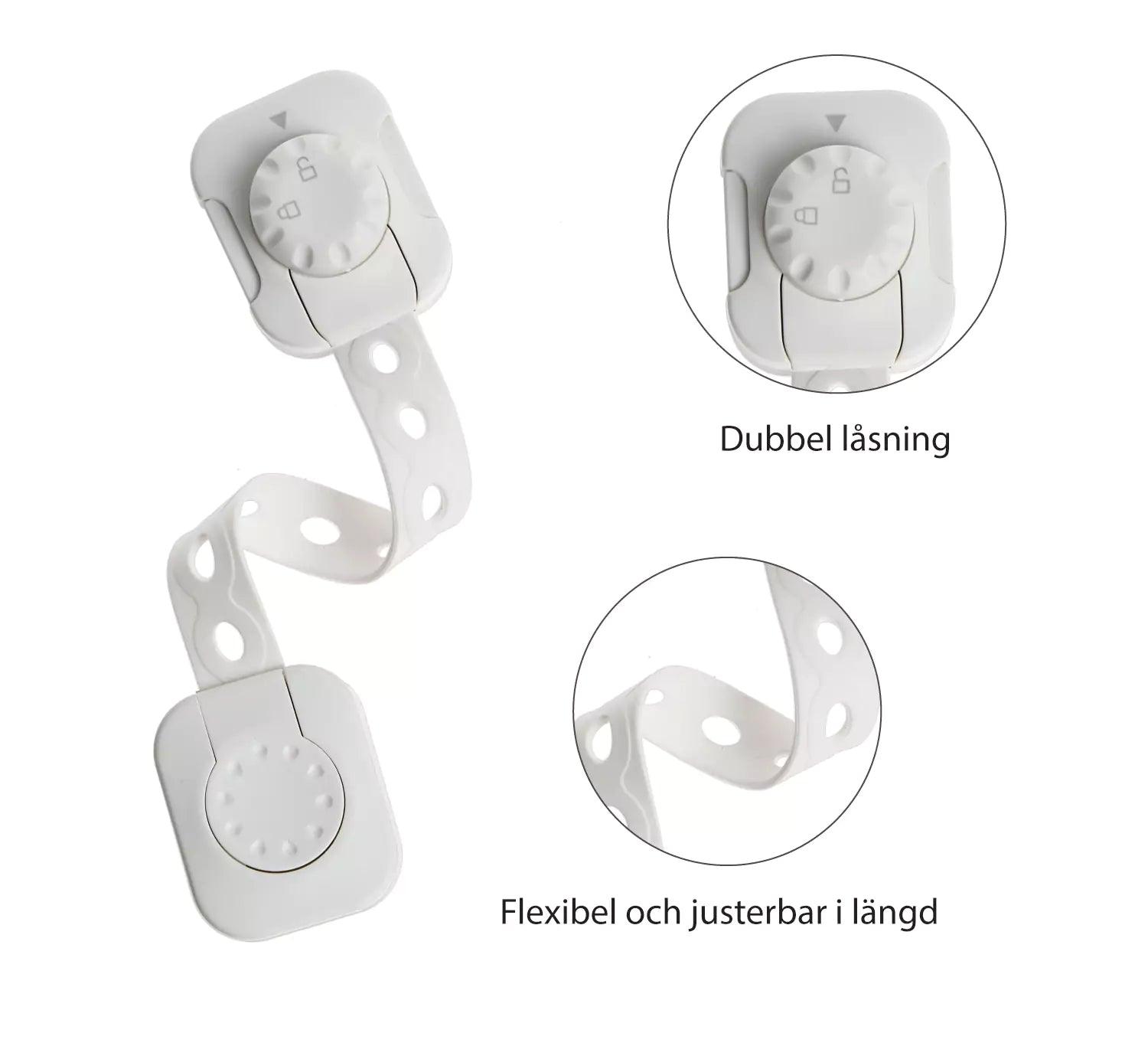 Vitt barnlås med dubbel låsfunktion och flexibel, justerbar rem för skåp och lådor.