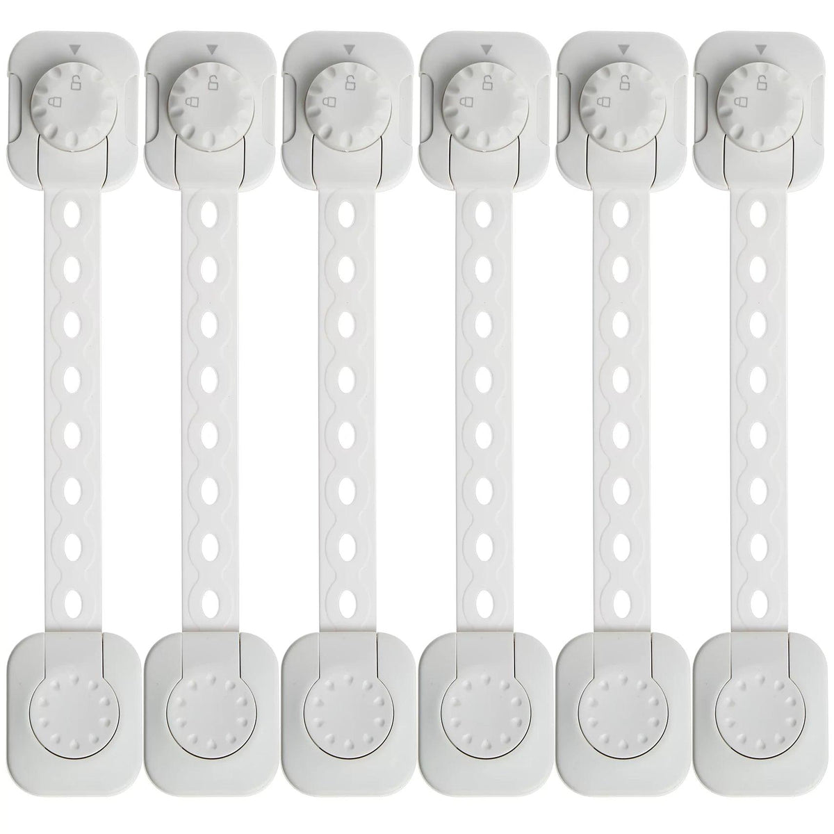 Set med sex vita barnlås med dubbel låsfunktion och flexibel rem för skåp och lådor.