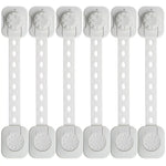 Set med sex vita barnlås med dubbel låsfunktion och flexibel rem för skåp och lådor.