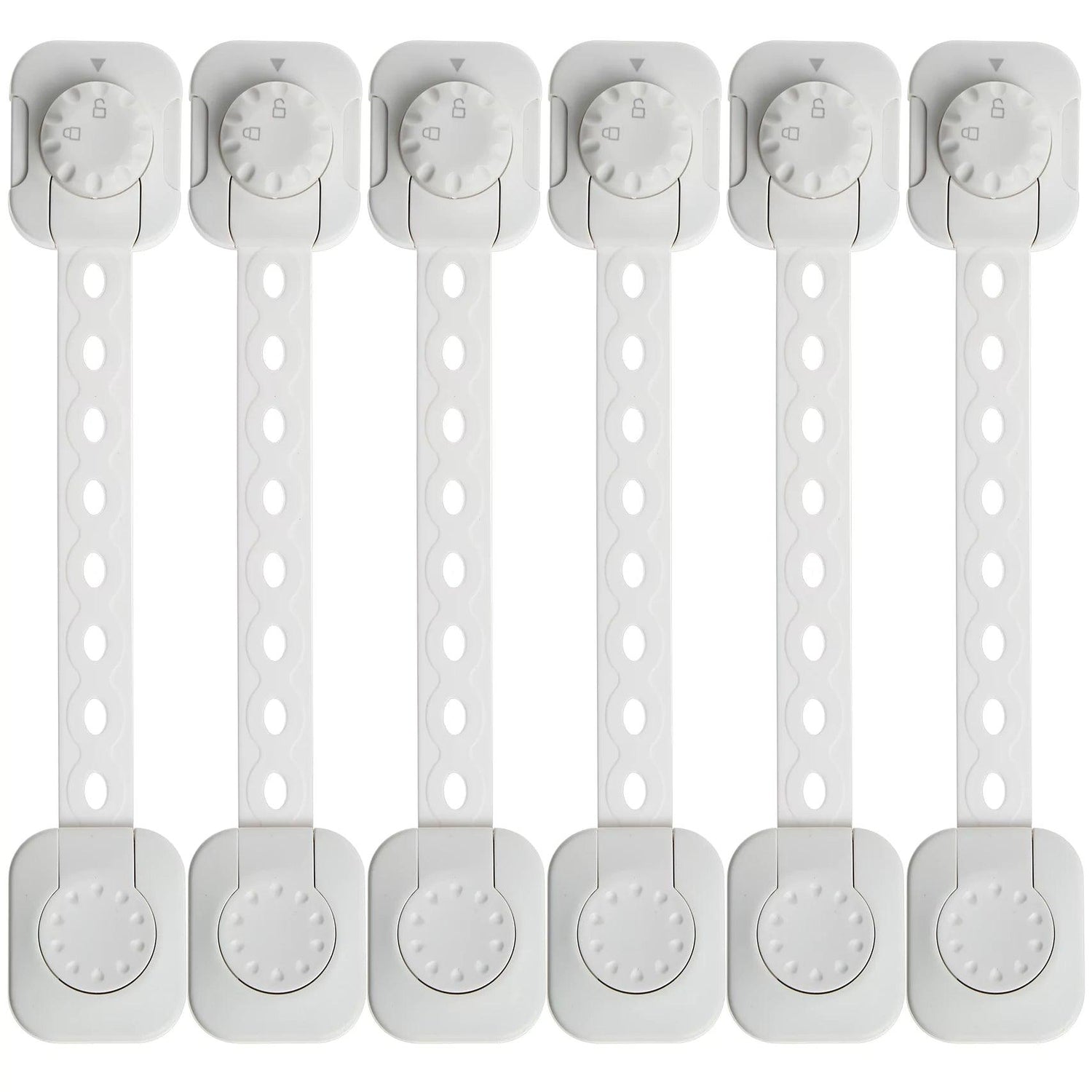 Set med sex vita barnlås med dubbel låsfunktion och flexibel rem för skåp och lådor.