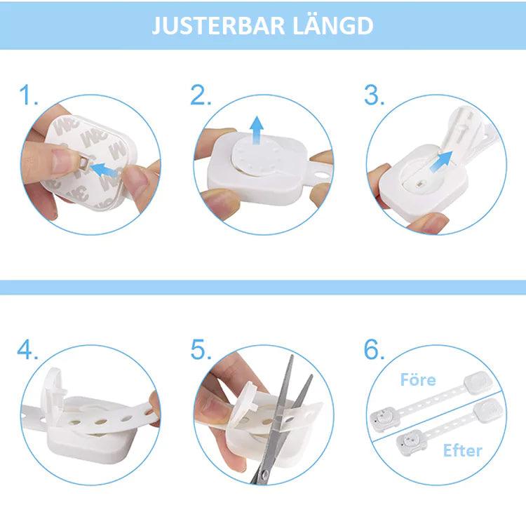 Instruktionsbild som visar hur barnlåsets längd justeras genom att öppna, dra, klippa och låsa remmen