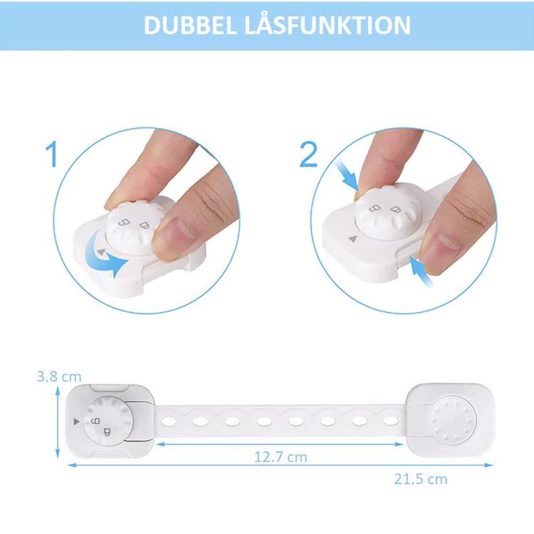 Instruktionsbild som visar barnlås med dubbel låsfunktion och måttangivelser för justerbar längd.