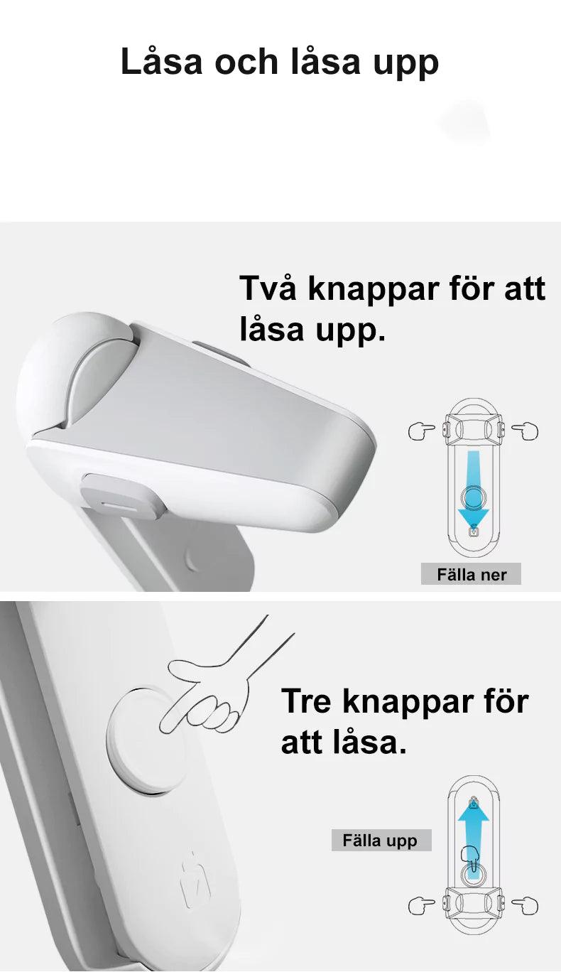 Instruktionsbild för ett barnlås till dörrhandtag. Översta bilden visar hur två knappar på sidorna trycks in för att fälla ner låset och låsa upp. Nedersta bilden visar hur tre knappar – två på sidorna och en stor knapp i mitten – måste tryckas in för att fälla upp låset och låsa det.