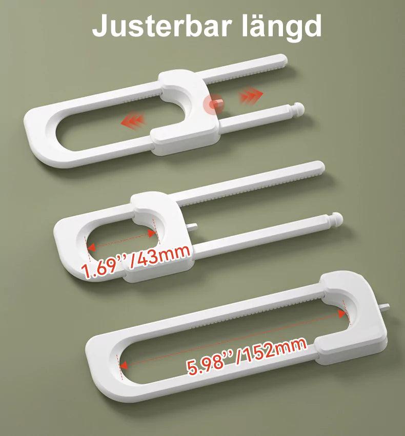 Illustration av justerbart barnlås för dubbeldörr med handtag, med mått som visar 43–152 mm öppningsbredd