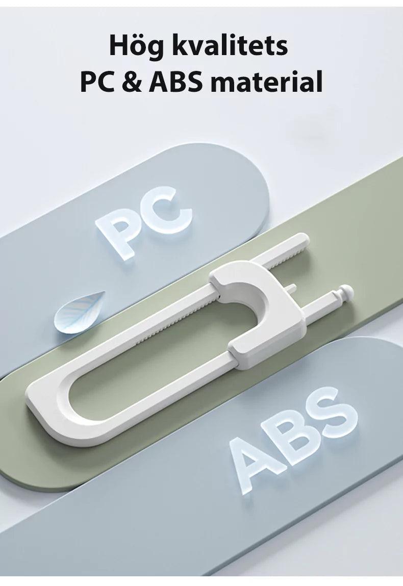 Barnlås för dubbeldörr med handtag tillverkat i hållbart PC- och ABS-material.