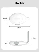 Mått på barnlås för lådor – 7,5 cm bredd, 4,5 cm höjd och 6 cm lång låsarm.