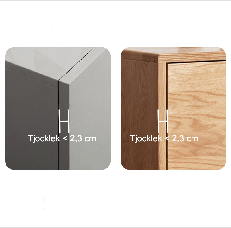 Illustration av kompatibilitet för barnlås – fungerar på skåp och lådor med tjocklek under 2,3 cm