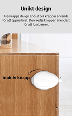 Barnlås med unikt treknappsdesign – två knappar används för öppning, en tredje är inaktiv för att förvirra barn