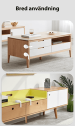 Barnlås för lådor och skåp monterade på olika möbler – visar bred användning i vardagsrum och barnrum