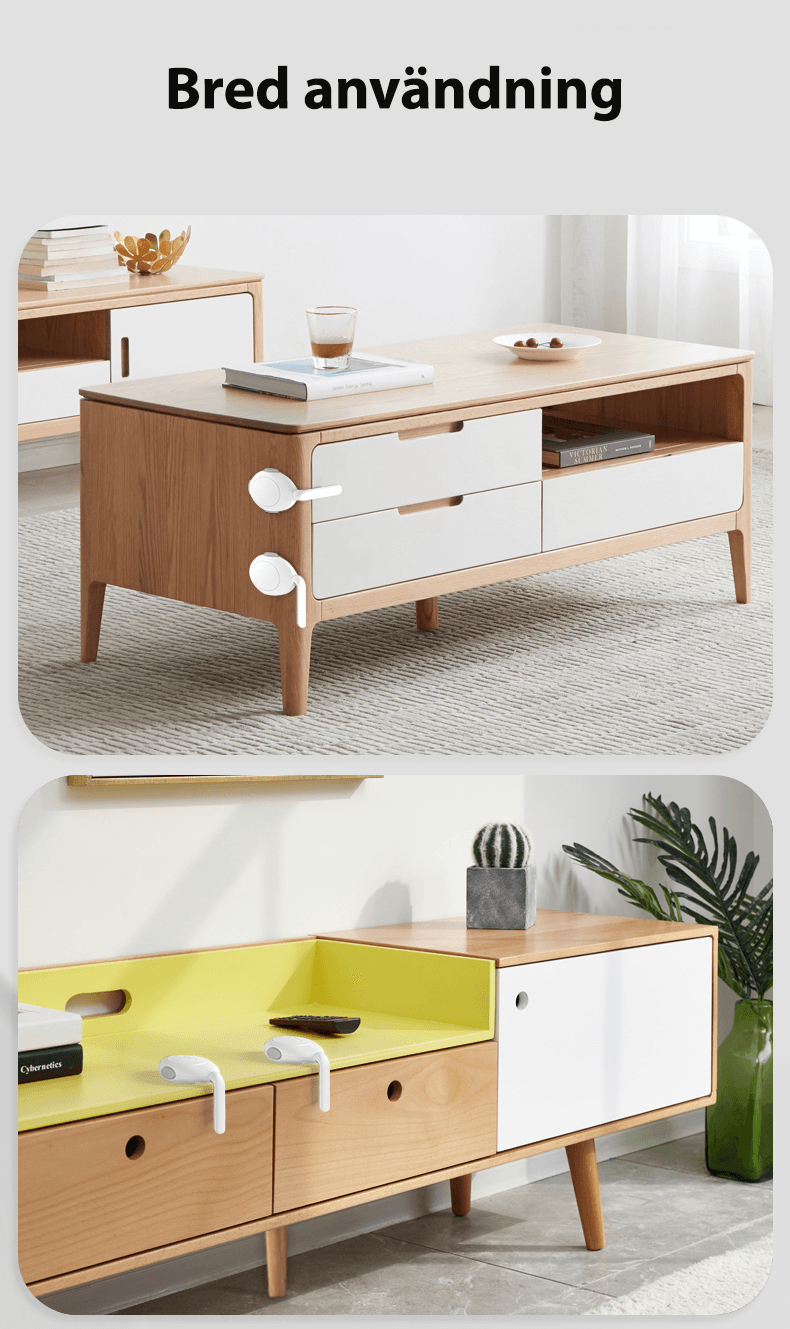 Barnlås för lådor och skåp monterade på olika möbler – visar bred användning i vardagsrum och barnrum