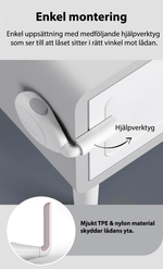 Barnlås för lådor med enkel montering – hjälpverktyg säkerställer rätt vinkel och mjukt TPE-nylon skyddar möbelytan.