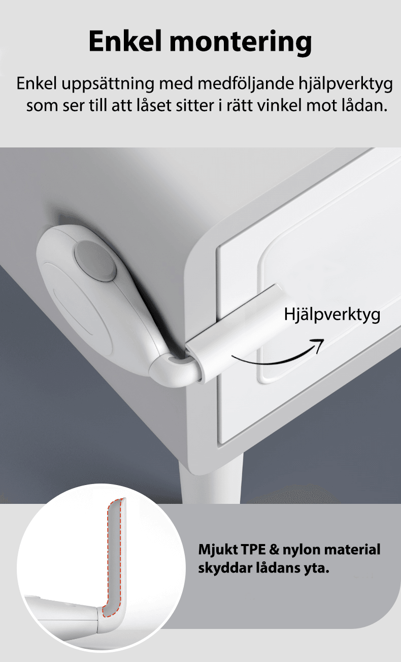 Barnlås för lådor med enkel montering – hjälpverktyg säkerställer rätt vinkel och mjukt TPE-nylon skyddar möbelytan.