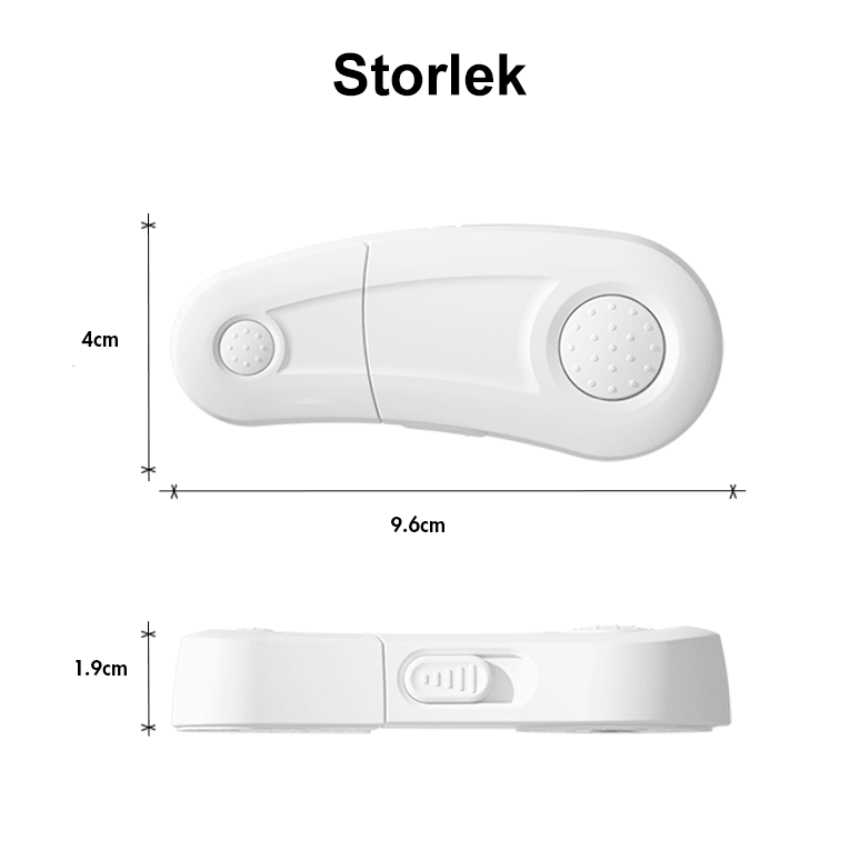 Måttillustration av vitt barnlås för skåp med dubbeldörr, 9,6 cm långt och 4 cm brett.