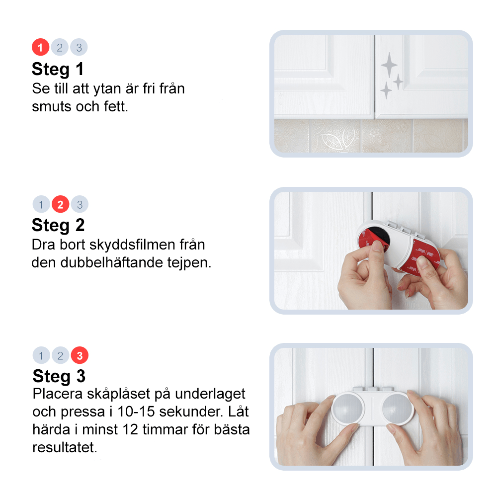 Guide som visar hur man monterar premium barnlås för dubbeldörrar med 3M-tejp steg för steg.