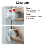 Instruktioner för att låsa upp premium barnlås för dubbeldörrar med tvåstegs knapptryckning