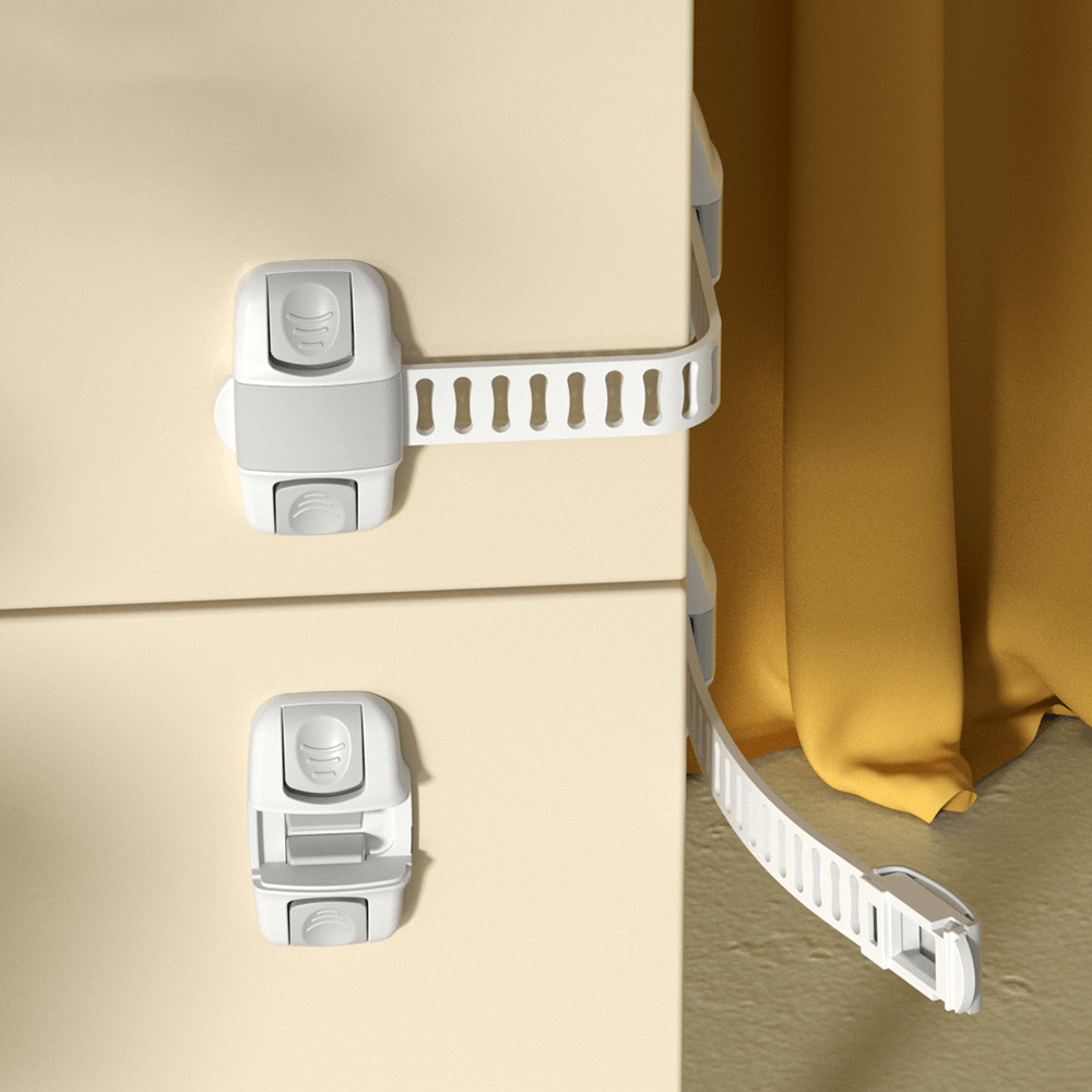 Barnlås med dubbelsidiga knappar för skåp och lådor – flexibel och justerbar säkerhetsspärr.