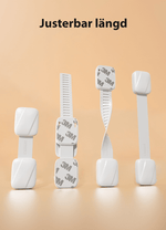 Justerbart barnlås med 3M-tejp – flexibel säkerhetsspärr för skåp och lådor.