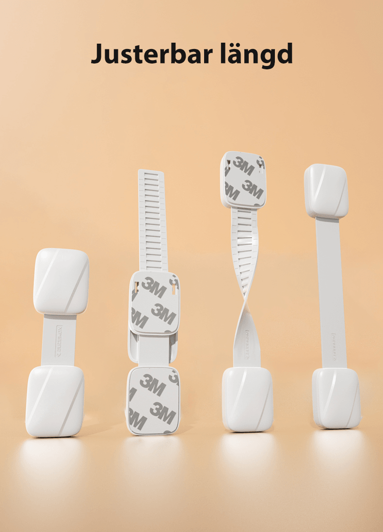 Justerbart barnlås med 3M-tejp – flexibel säkerhetsspärr för skåp och lådor.