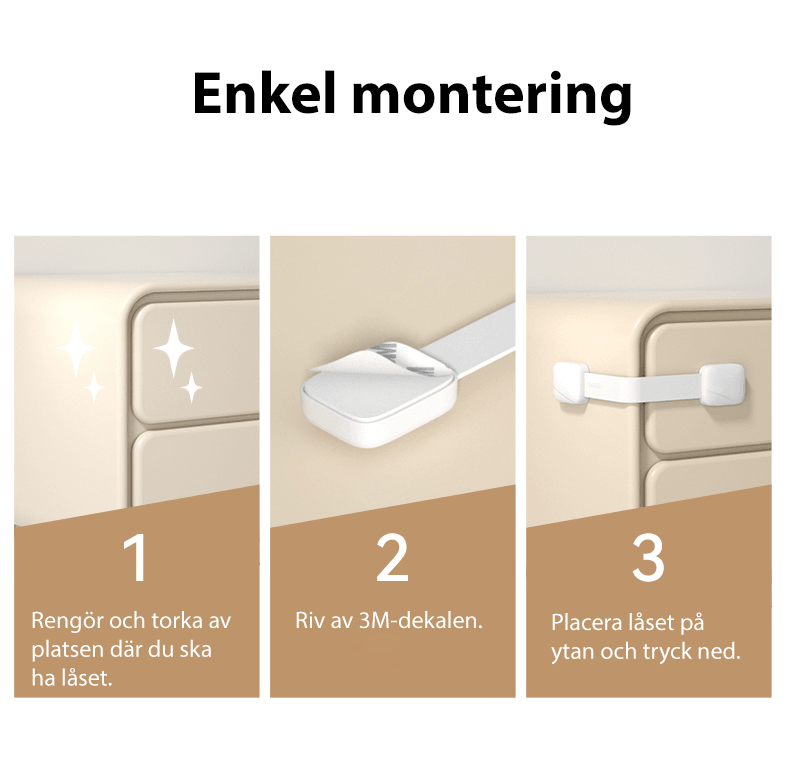 Guide för enkel montering av barnlås med 3M-tejp – tre steg för snabb installation.