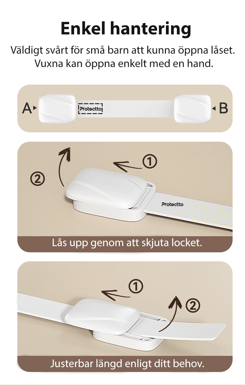 Instruktionsbild för barnlås – enkelt att öppna för vuxna, justerbar längd och barnsäkert lås.