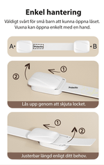 Instruktionsbild för barnlås – enkelt att öppna för vuxna, justerbar längd och barnsäkert lås.