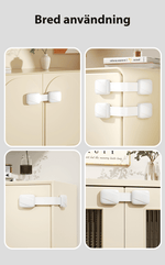 Barnlås monterat på olika skåp och lådor – bred användning för barnsäkert hem.