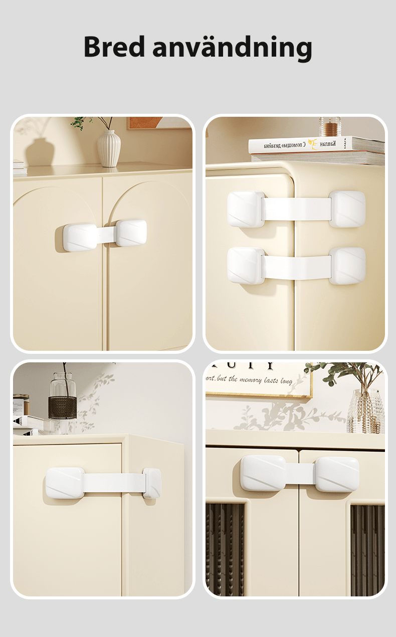 Barnlås monterat på olika skåp och lådor – bred användning för barnsäkert hem.