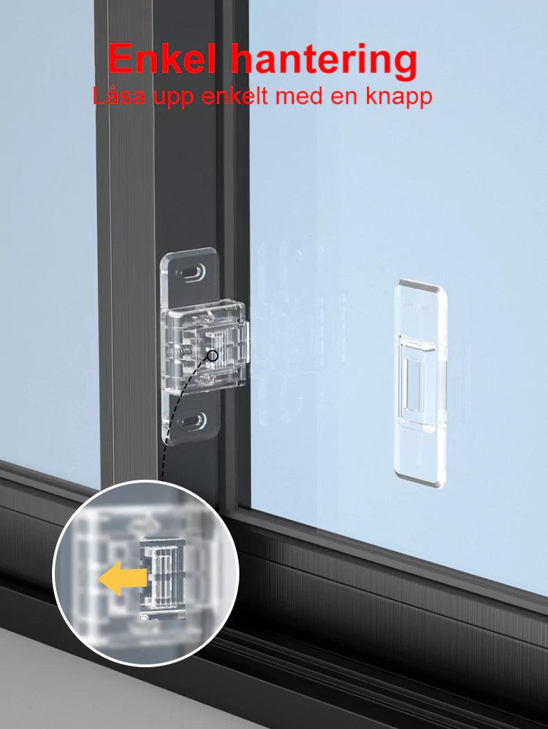 Transparent barnsäkert lås på skjutdörr av glas, med illustration som visar hur låsningen enkelt öppnas med en knapp.