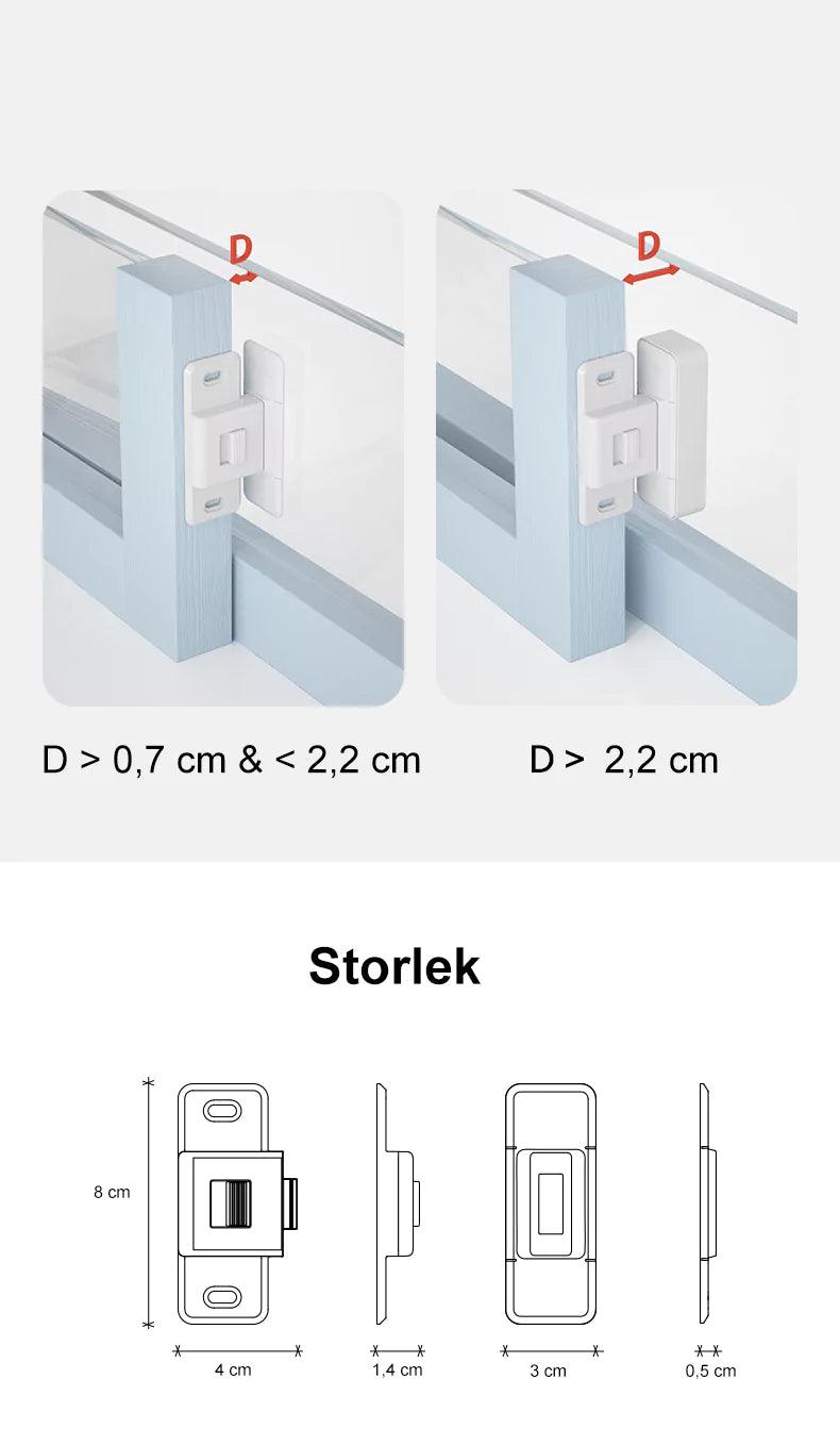 Barnlås för skjutdörrar och skjutfönster – justerbar passform för ramstorlek 0,7–2,2 cm, med mått och montageillustration.
