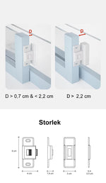 Barnlås för skjutdörrar och skjutfönster – justerbar passform för ramstorlek 0,7–2,2 cm, med mått och montageillustration.