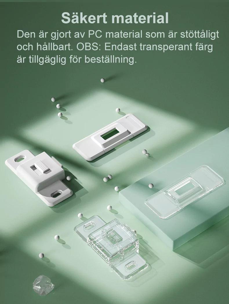 Barnlås för skjutdörrar och skjutfönster i stötsäkert PC-material, visat i både vit och transparent variant. Endast transparent färg finns tillgänglig.