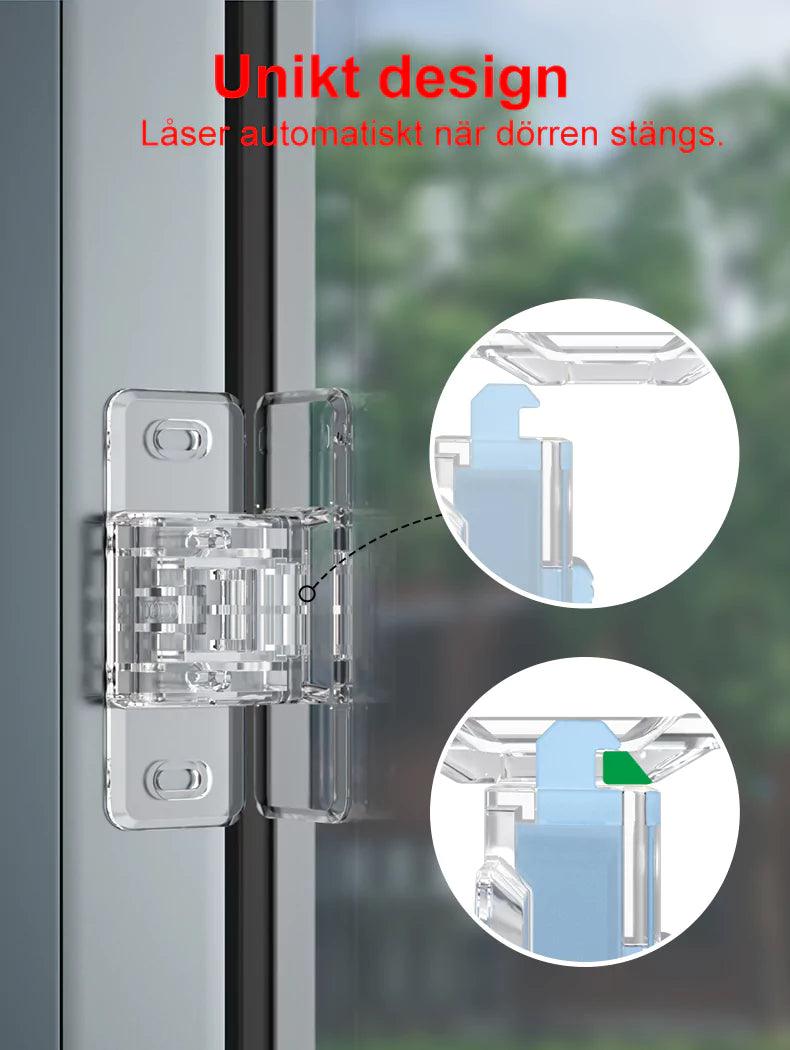 Transparent barnsäkert lås för skjutdörrar som automatiskt låser när dörren stängs. Närbilder visar hur spärrmekanismen hakar i för att förhindra öppning.