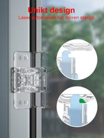 Transparent barnsäkert lås för skjutdörrar som automatiskt låser när dörren stängs. Närbilder visar hur spärrmekanismen hakar i för att förhindra öppning.