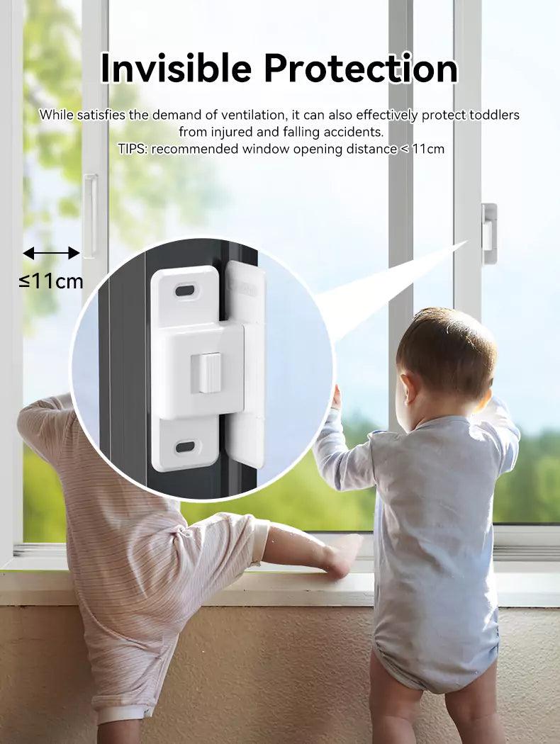 Barnlås för skjutfönster som begränsar öppning till max 11 cm och förhindrar fallolyckor hos små barn.