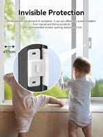 Barnlås för skjutfönster som begränsar öppning till max 11 cm och förhindrar fallolyckor hos små barn.