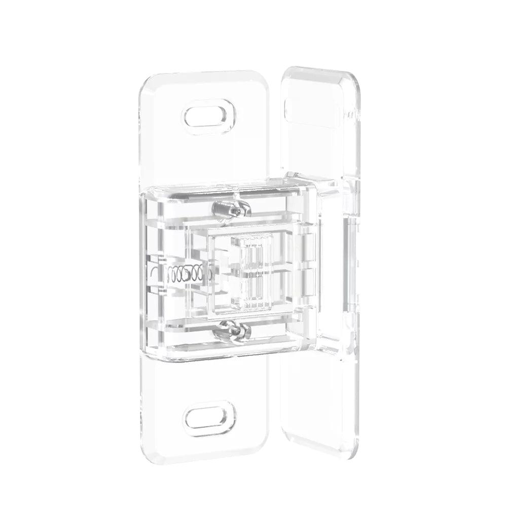 Transparent barnsäkert lås för skjutdörrar och skjutfönster i hållbart PC-material.