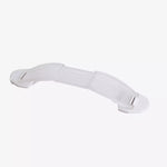 Transparent flexibel dörrhållare i plast med två fästpunkter och en böjbar mittdel, designad för att förhindra att dörrar stängs helt.