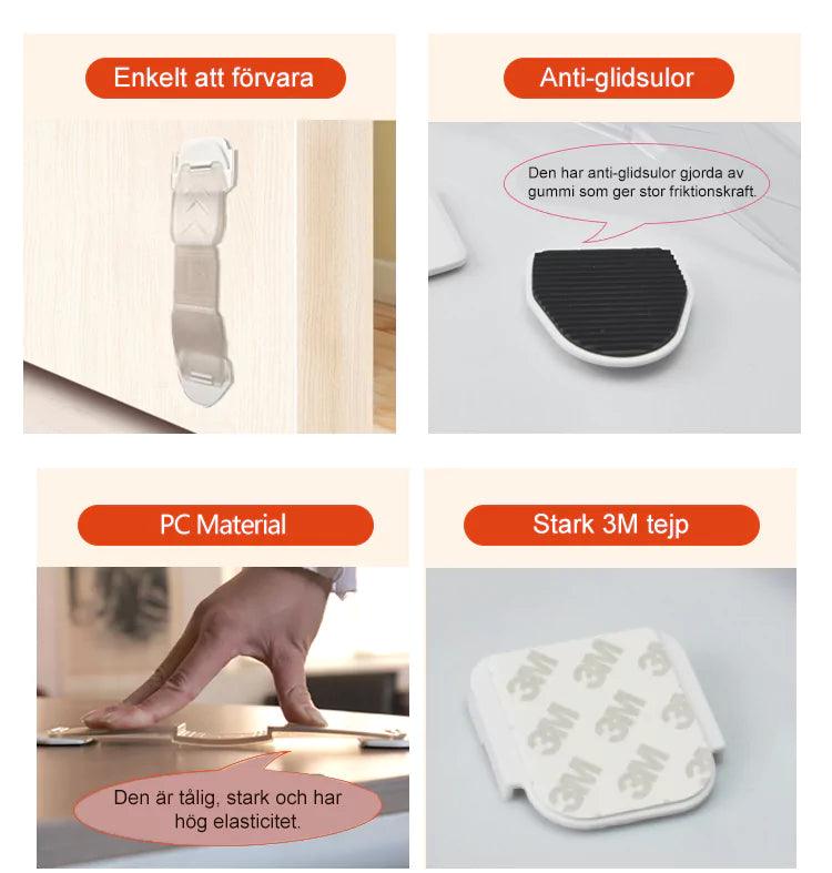 Fyra produktbilder som visar funktioner hos en dörrhållare: den kan enkelt förvaras upphängd på en dörr, har antiglid-sulor av gummi, är tillverkad av tåligt och elastiskt PC-material samt fästs med stark 3M-tejp.