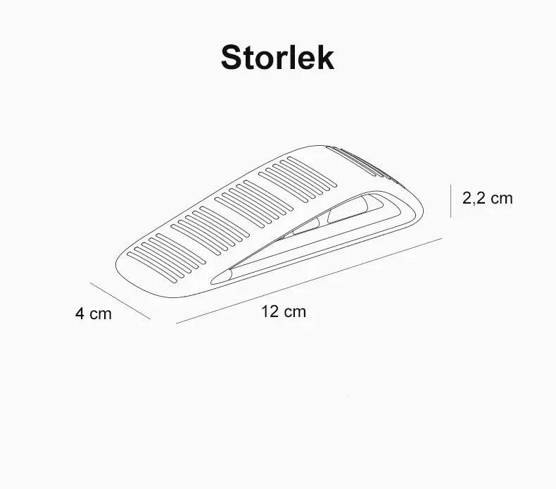Illustration av en grå dörrkils storlek, visad i sidovy med mått: 12 cm lång, 4 cm bred och 2,2 cm hög.