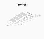 Illustration av en grå dörrkils storlek, visad i sidovy med mått: 12 cm lång, 4 cm bred och 2,2 cm hög.