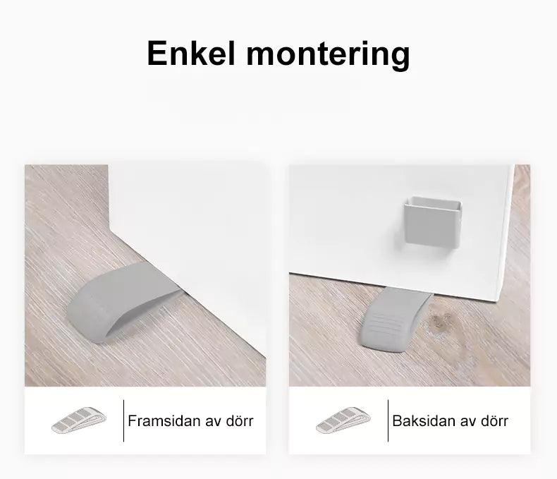 Två bilder som visar enkel montering av en grå dörrkil. Vänster bild: dörrkilen placeras under dörrens framsida och håller den uppe. Höger bild: dörrkilen skjuts in under dörrens baksida, medan en liten väggmonterad hållare syns ovanför för praktisk förvaring.