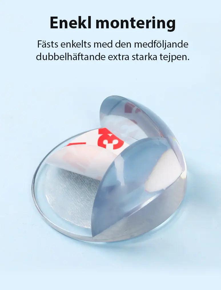 Transparent hörnskydd med stark dubbelhäftande 3M-tejp som visas under enkel montering.