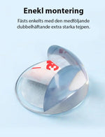 Transparent hörnskydd med stark dubbelhäftande 3M-tejp som visas under enkel montering.