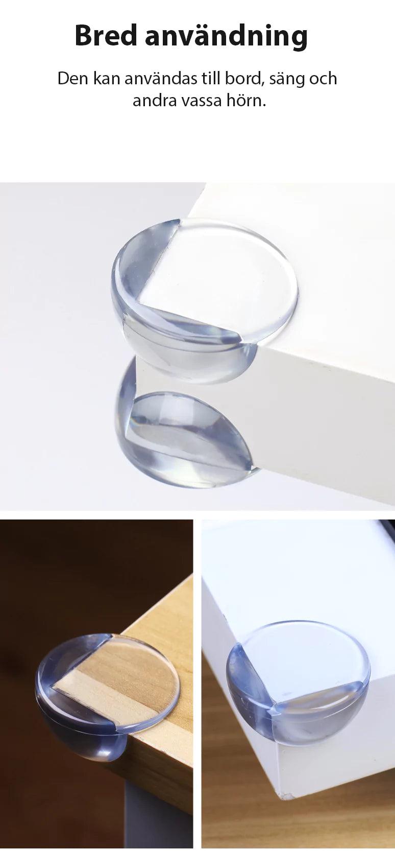 Transparent hörnskydd monterat på olika möbelhörn, visar hur det används på bord, sängar och andra vassa kanter för att skydda barn.